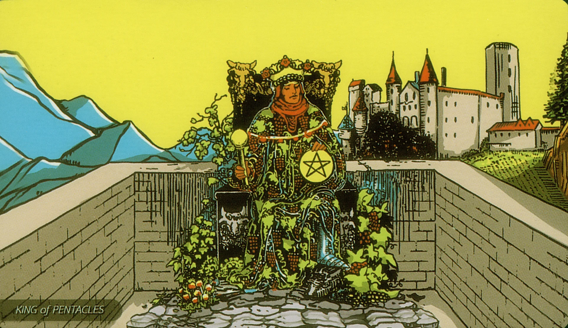 King of Pentacles Rider-Waite-Smith tarot card panorama