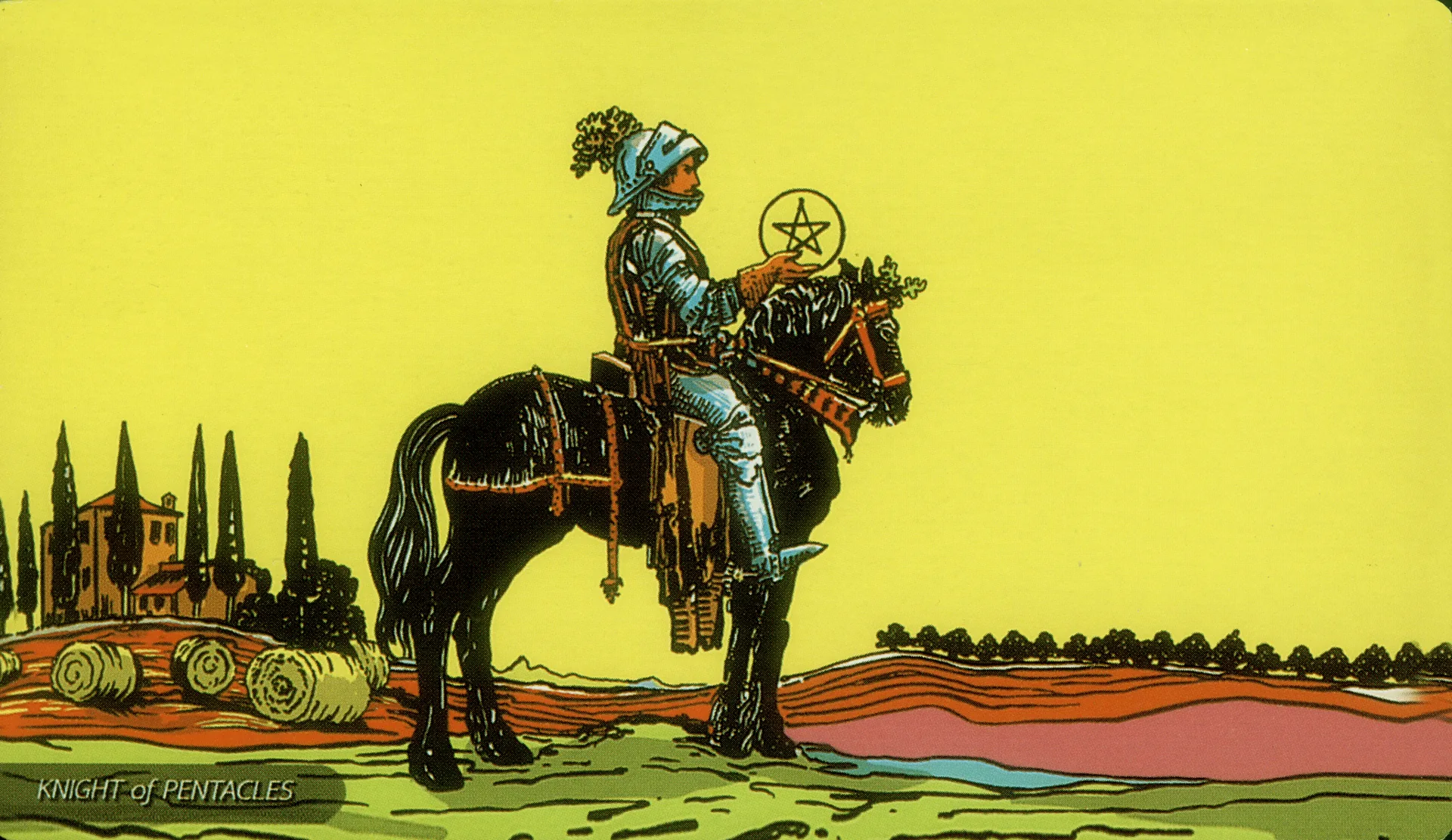 Knight of Pentacles Rider-Waite-Smith tarot card panorama