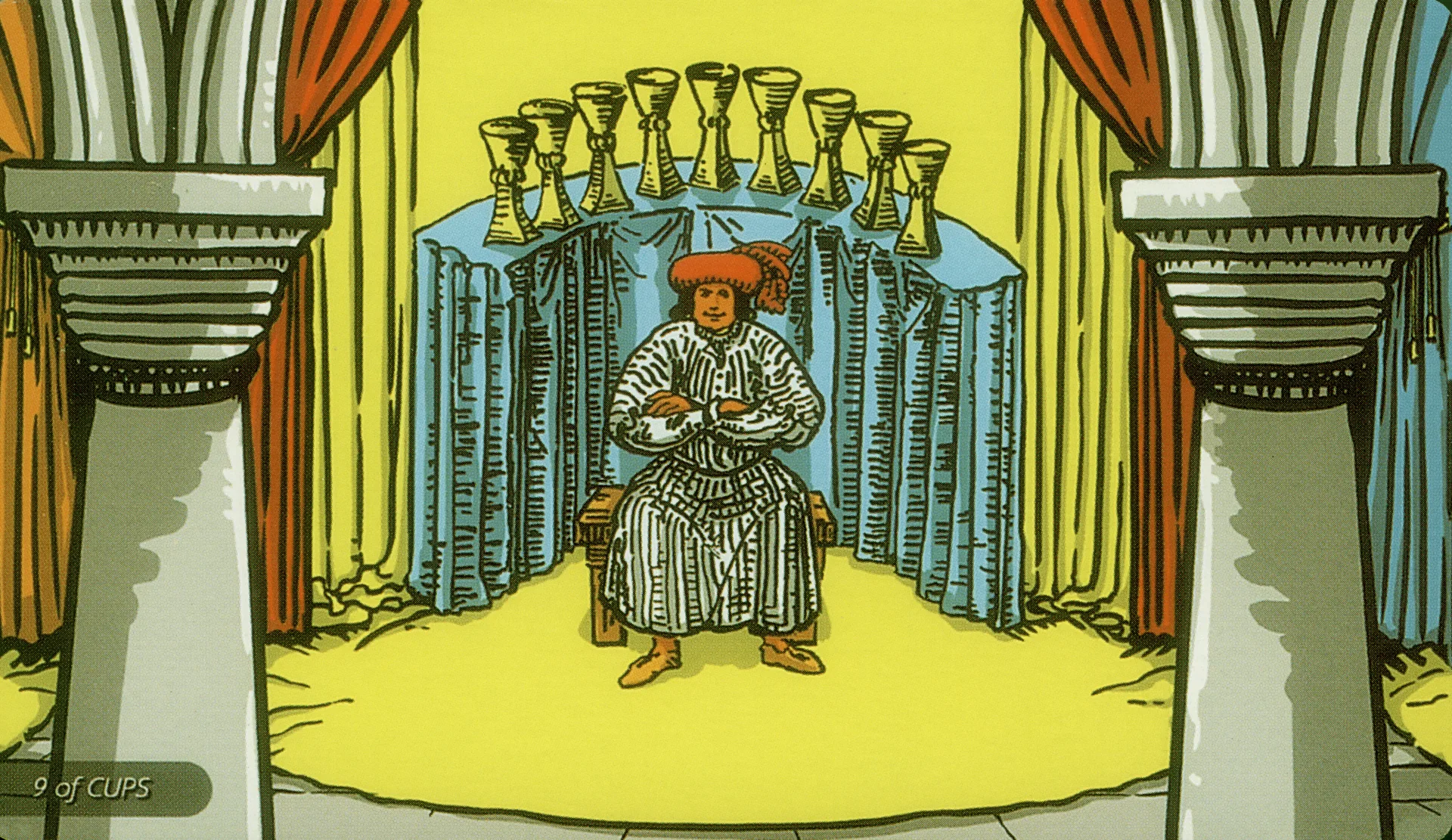 Nine of Cups Rider-Waite-Smith tarot card panorama