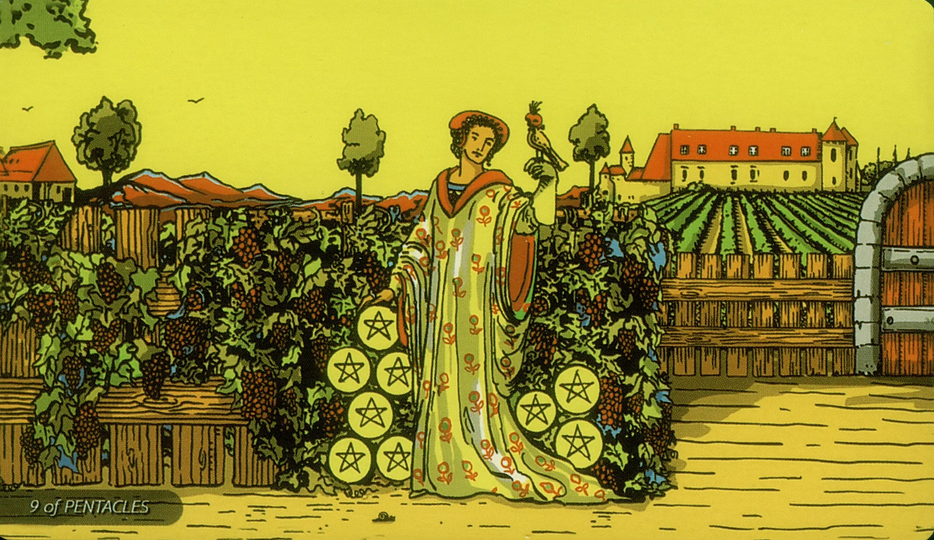 Nine of Pentacles Rider-Waite-Smith tarot card panorama