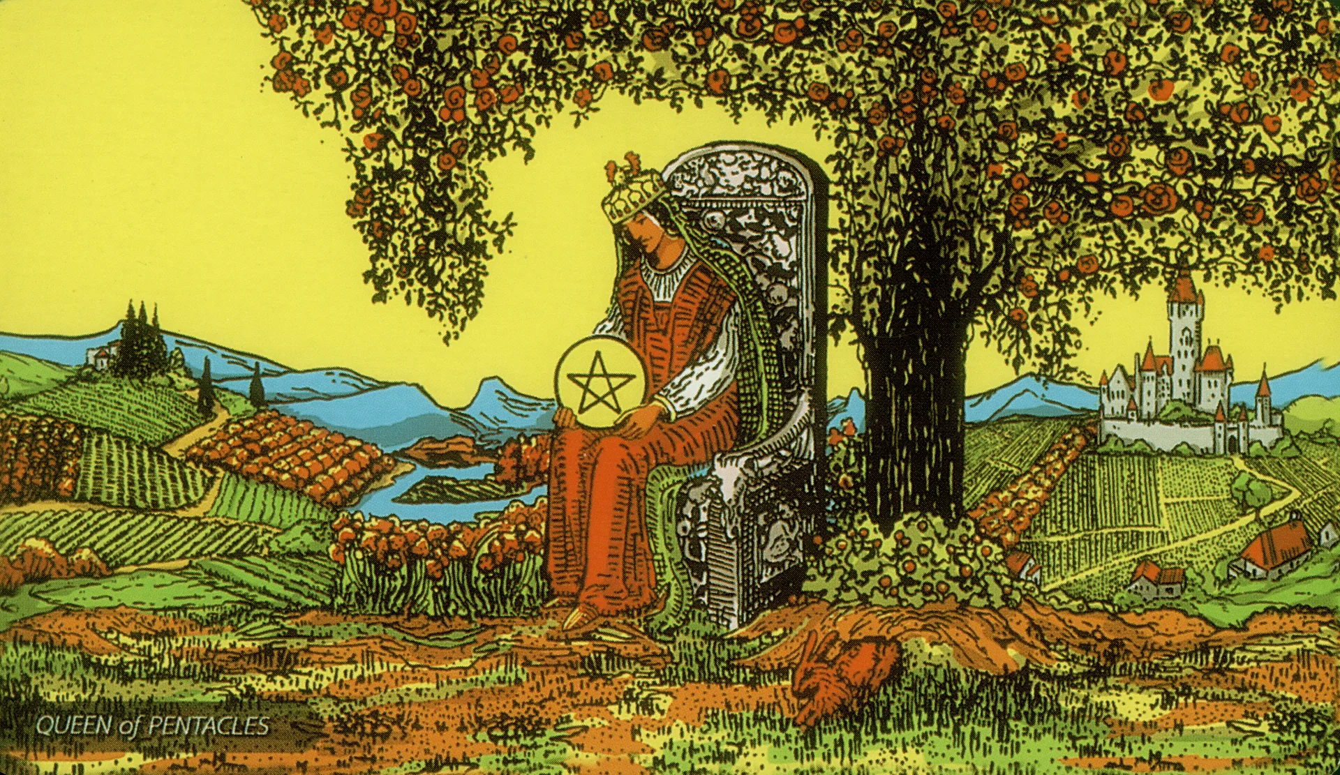 Queen of Pentacles Rider-Waite-Smith tarot card panorama