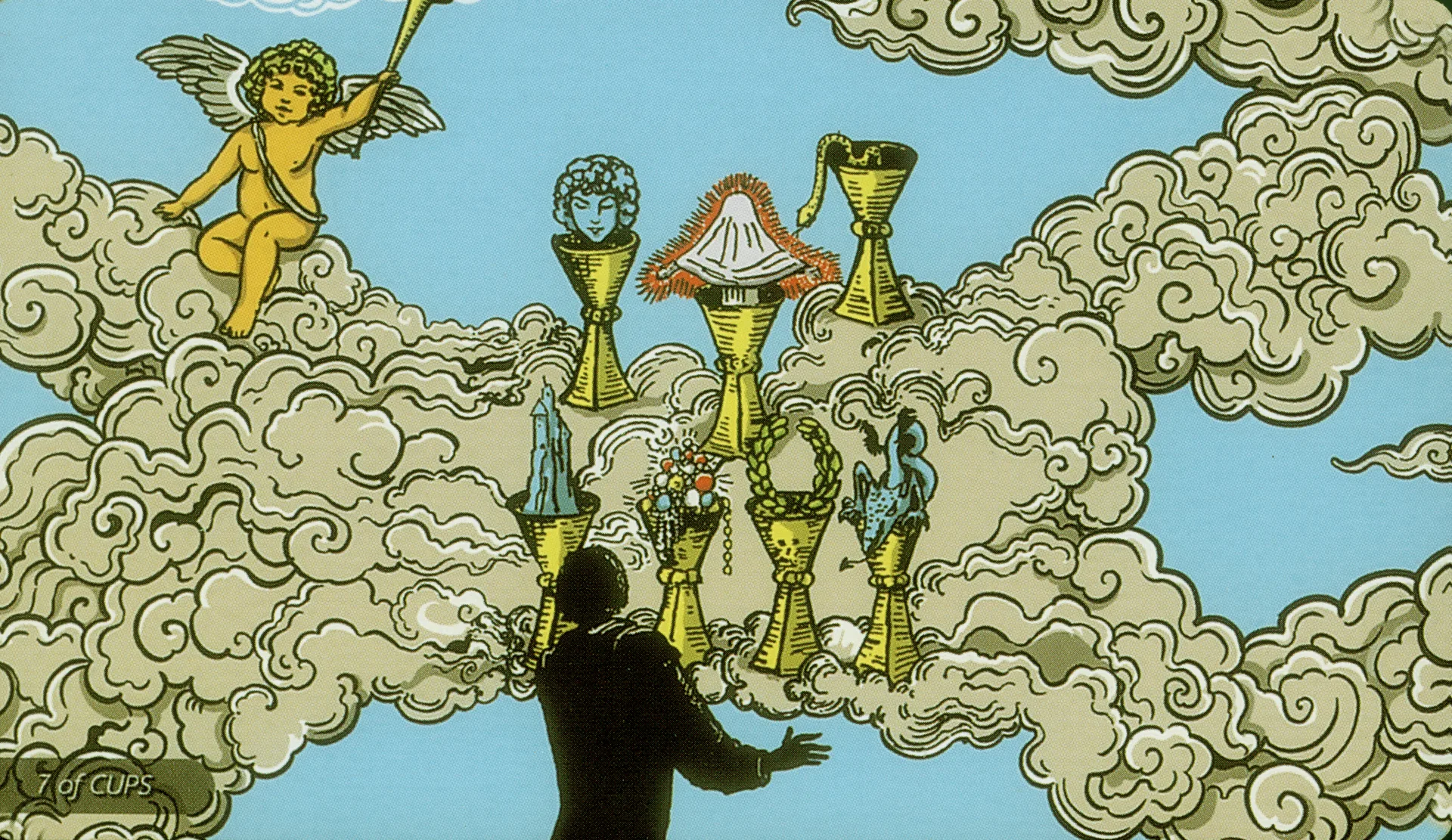 Seven of Cups Rider-Waite-Smith tarot card panorama