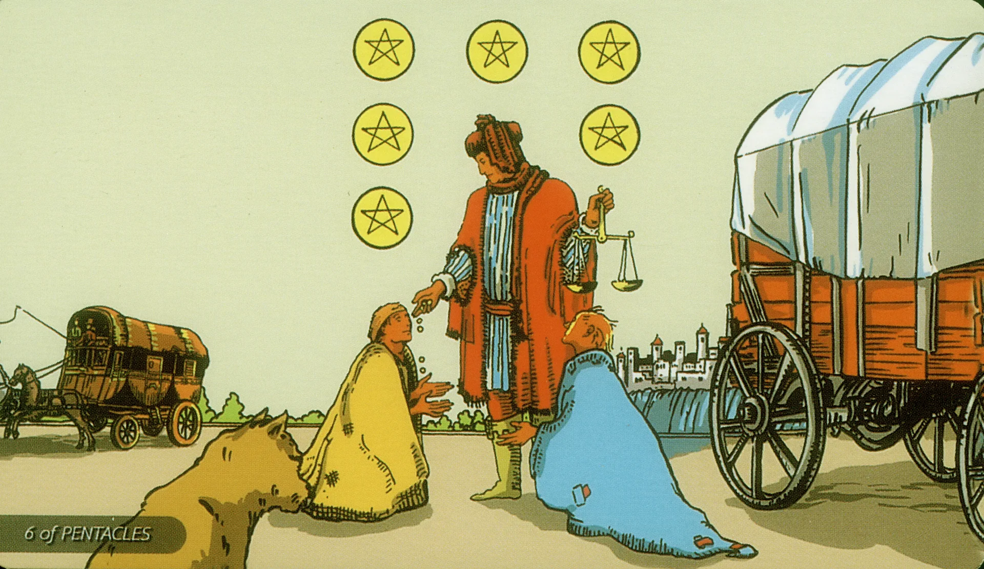 Six of Pentacles Rider-Waite-Smith tarot card panorama