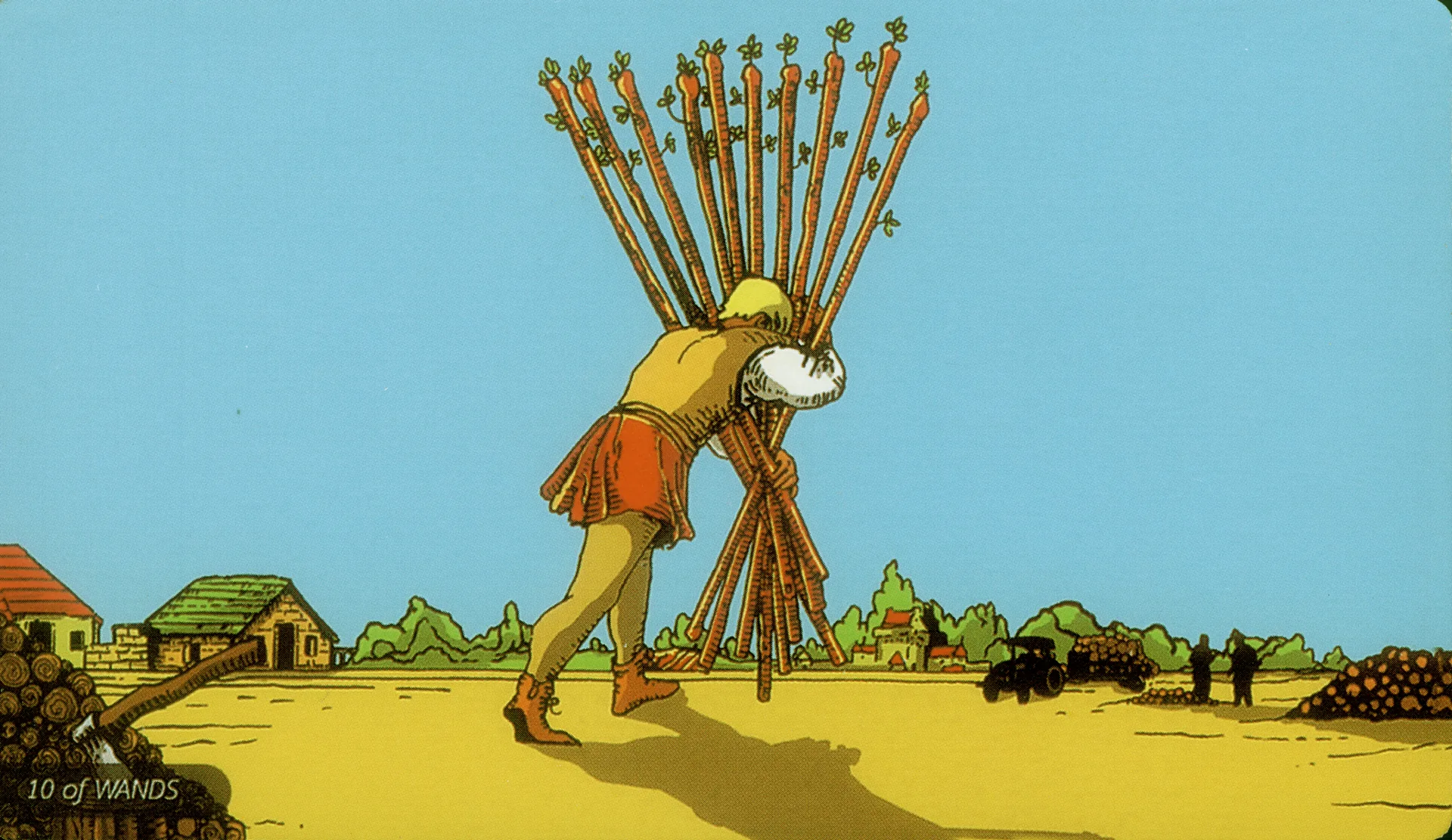 Ten of Wands Rider-Waite-Smith tarot card panorama