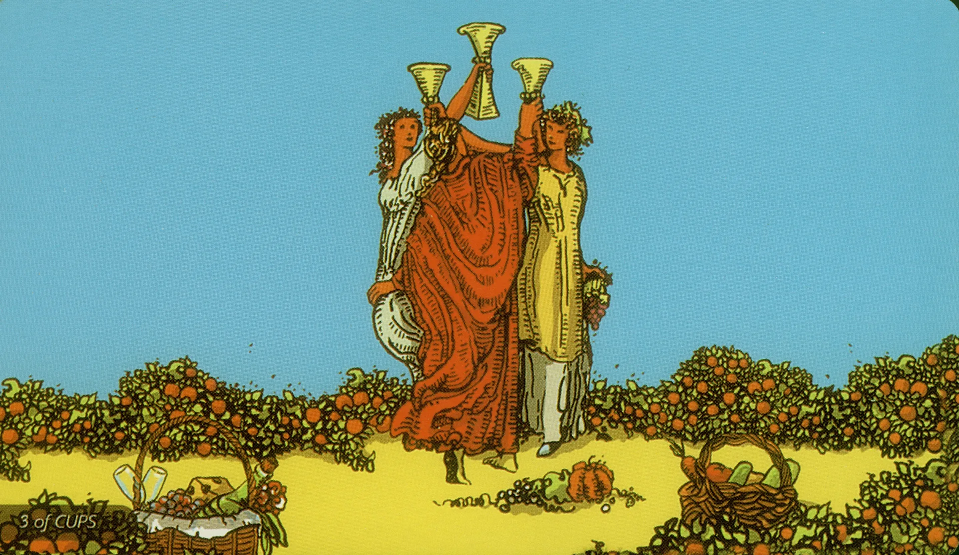 Three of Cups Rider-Waite-Smith tarot card panorama