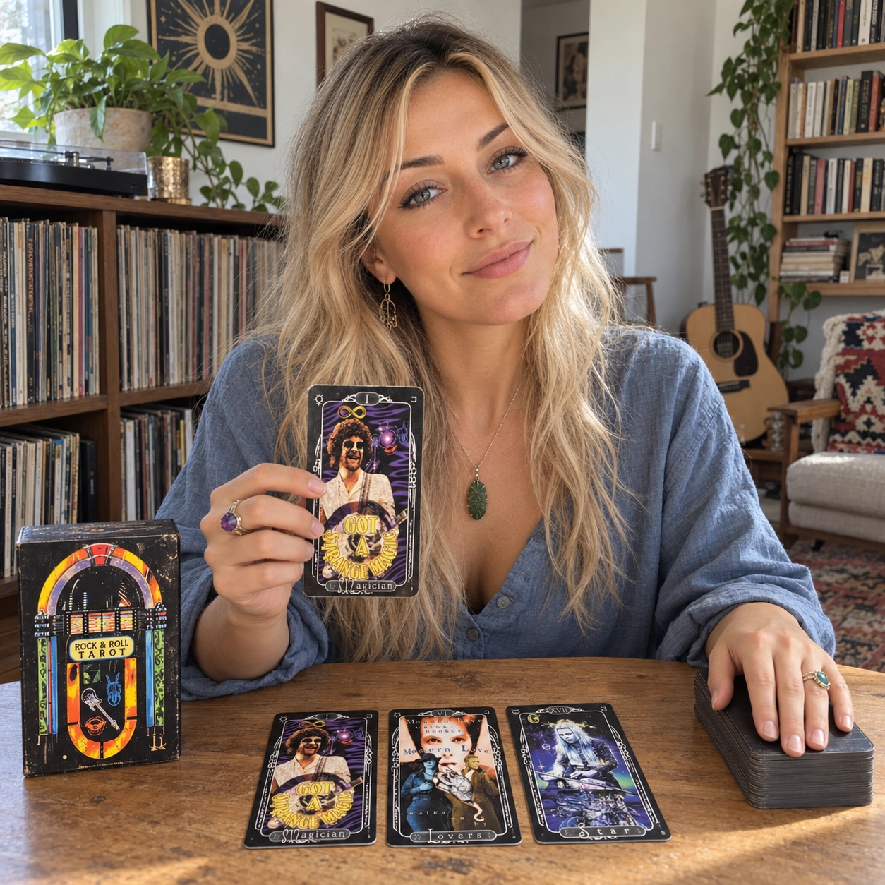Rock & Roll Tarot Review (All 78 Rock & Roll Tarot Cards REVEALED!) 73 Aurica presenting the Magician from Chris Paradis’s Rock and Roll Tarot beside the jukebox box, three face-up cards and a separate deck stack