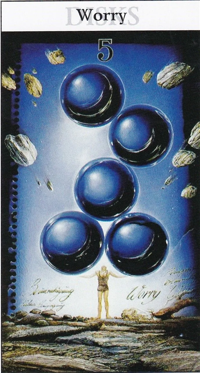 5 of Disks card from the Rohrig Tarot deck
