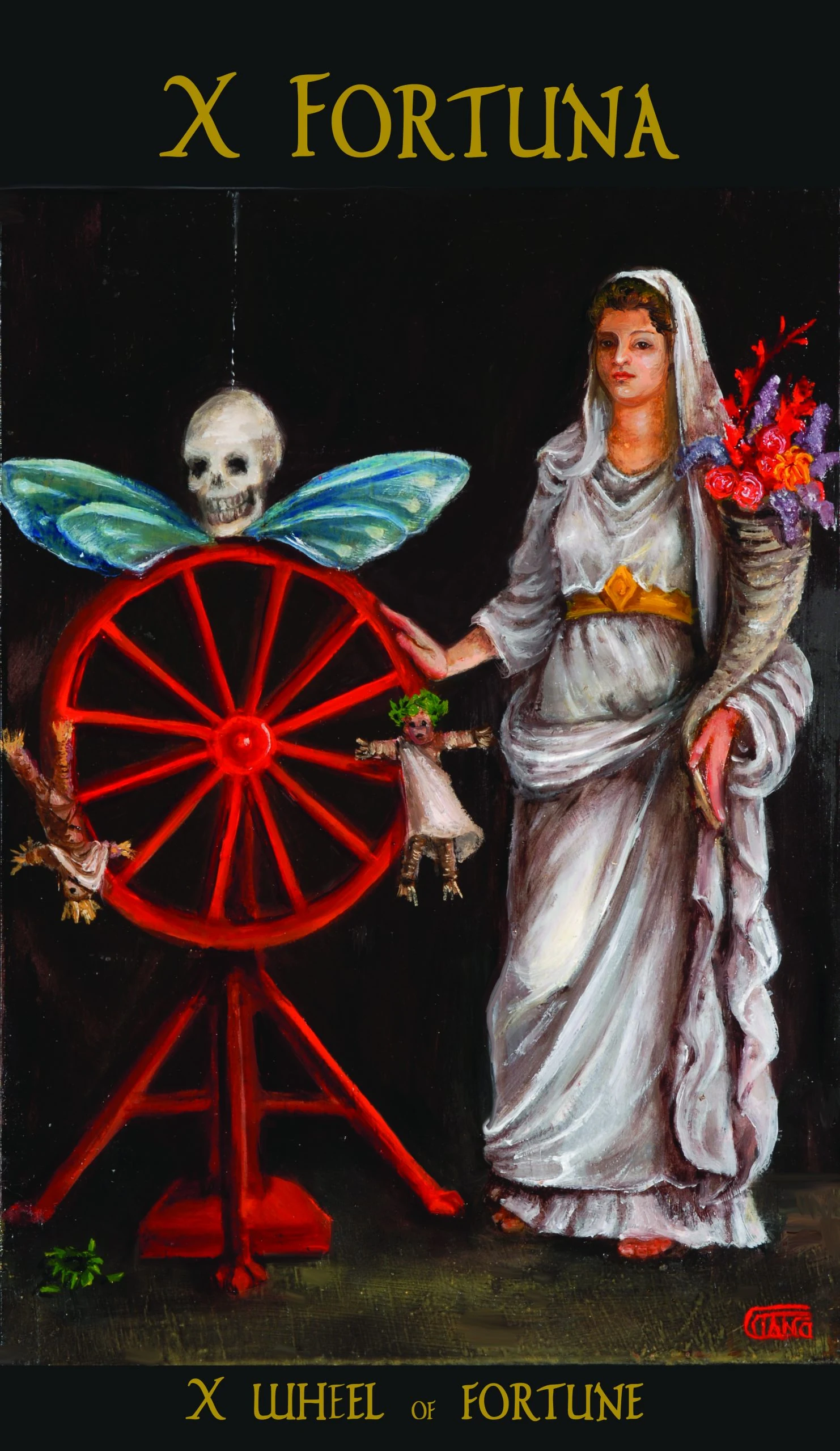 X Fortuna (Wheel of Fortune) card from The Roman Tarot deck by Christine Cianci X Fortuna (Wheel of Fortune) card from The Roman Tarot deck by Christine Cianci