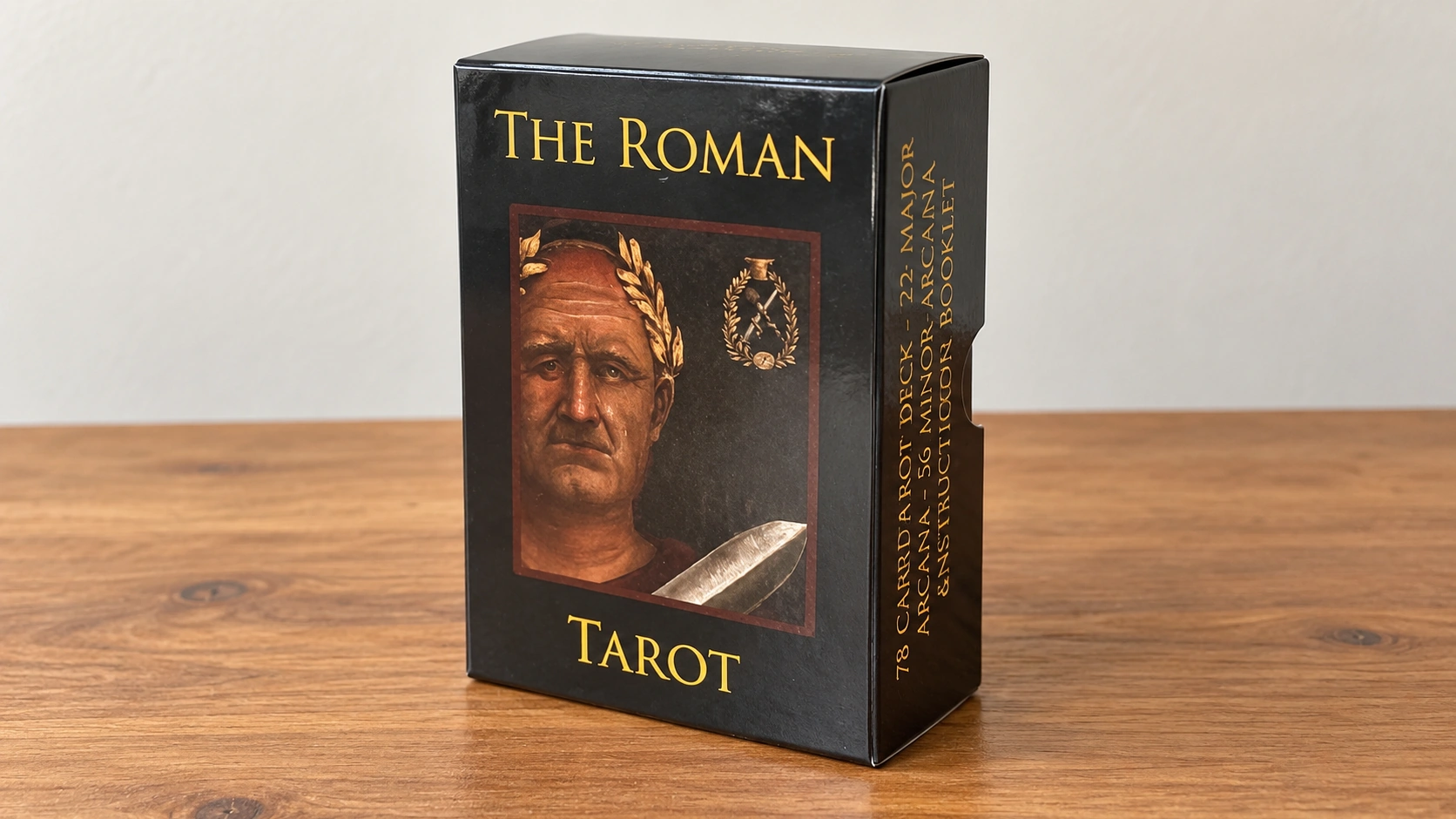 Generated product illustration of The Roman Tarot black box on a bare wooden table, based on the supplied Etsy packaging reference