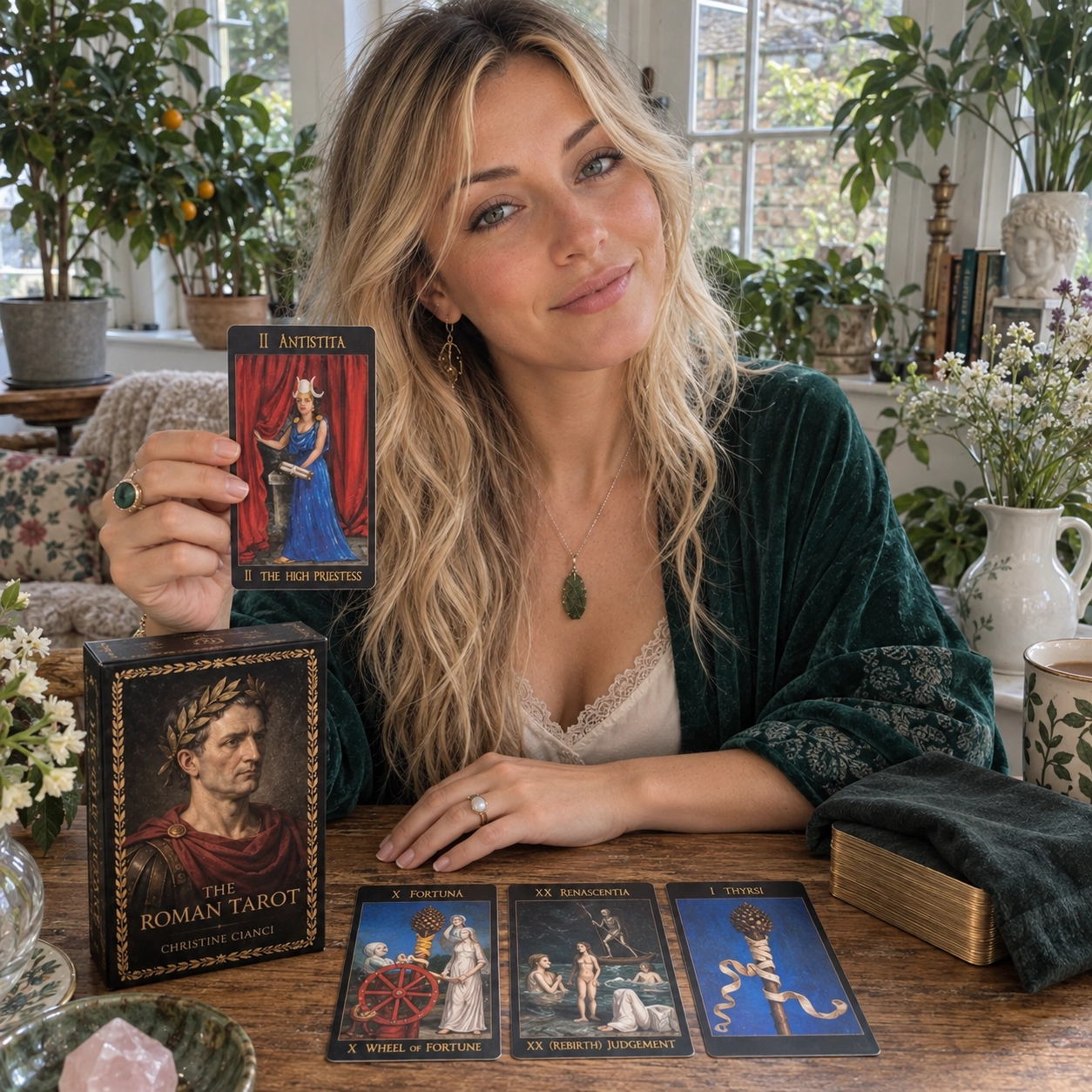 Aurica holding II Antistita beside The Roman Tarot box, a three-card spread, and a stacked gilded deck