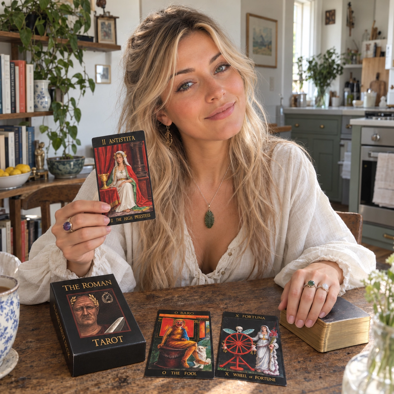 Aurica presenting II Antistita from The Roman Tarot by Christine Cianci beside the box, two face-up cards, and a separate gilded deck stack
