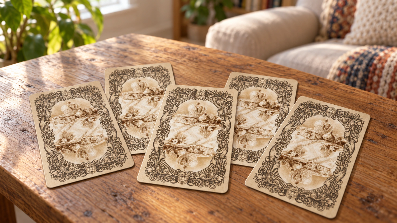 Generated illustrative scene of face-down Romanovs Dynasty Tarot archival card backs spread on a wooden table in warm window light; not a physical retail product photograph