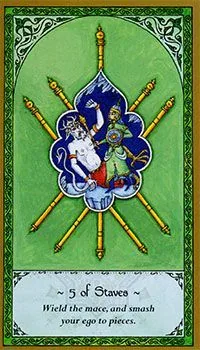 5 of Staves card from the Rumi Tarot deck