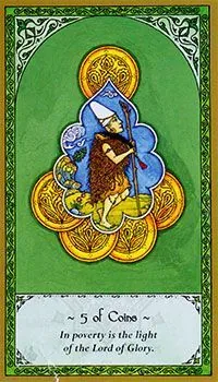 5 of Coins card from the Rumi Tarot deck