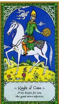 Knight of Coins card from the Rumi Tarot deck