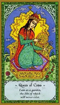 Queen of Coins card from the Rumi Tarot deck