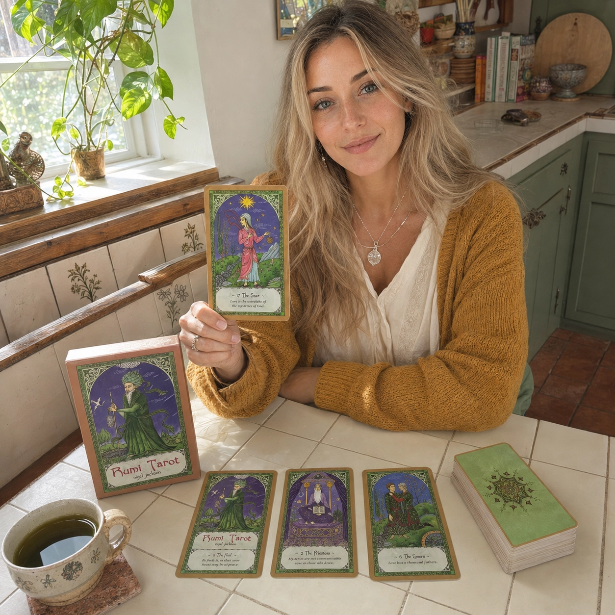 Aurica reading Rumi Tarot, holding The Star beside the deck box, a three-card spread and stacked deck