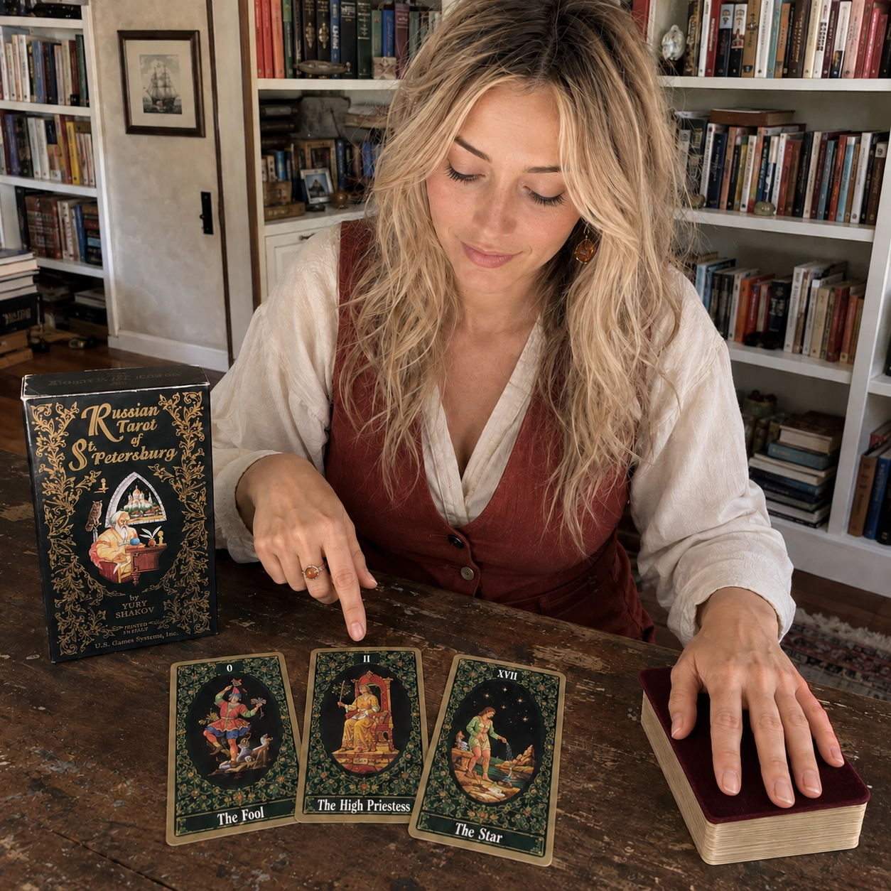 Aurica reading the Russian Tarot of St. Petersburg beside its box, a face-up spread, and the stacked remainder deck