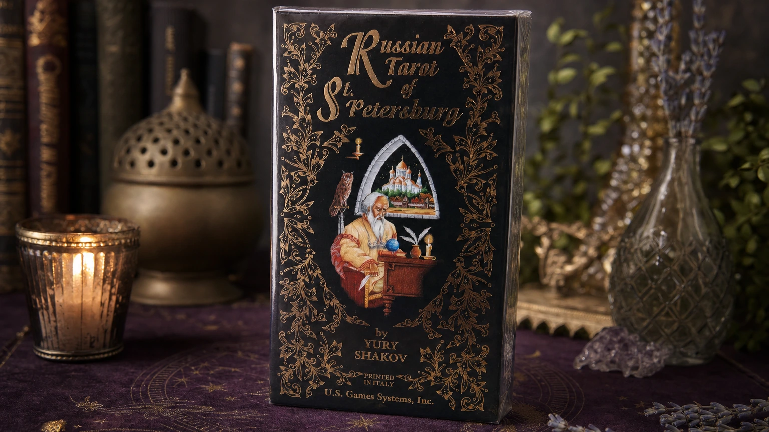 Russian Tarot of St. Petersburg Deck by Yury Shakov Russian Tarot of St. Petersburg Deck by Yury Shakov in a generated reading-table scene