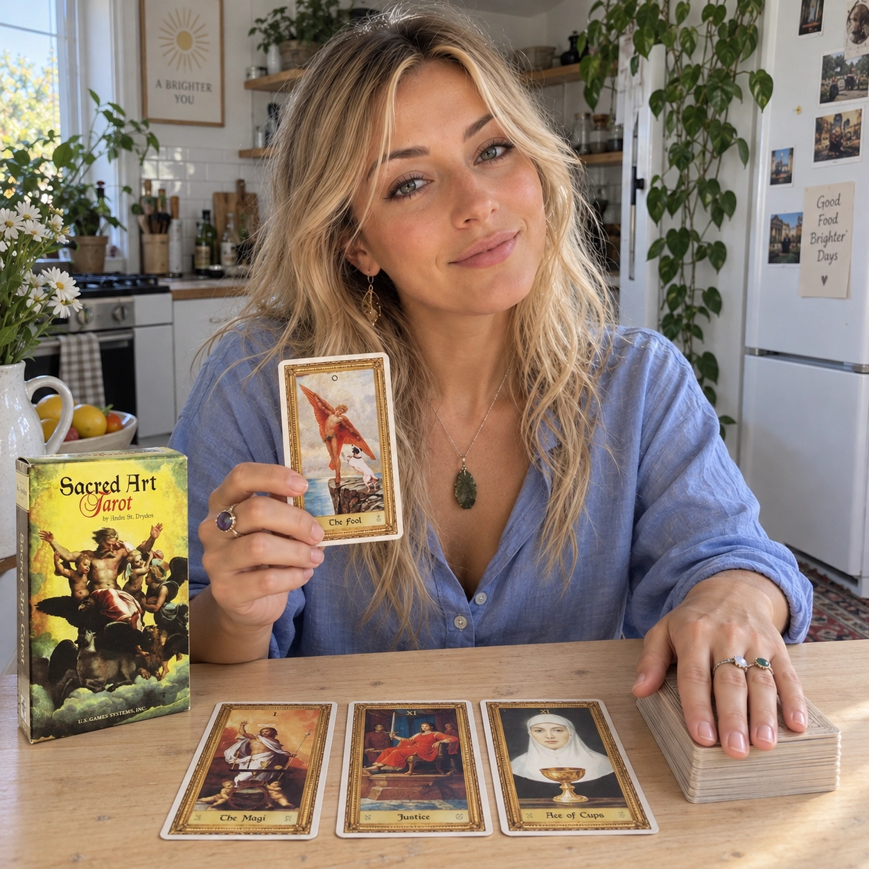 Aurica presenting The Fool from Sacred Art Tarot beside the exact deck box, a three-card spread and a separate stacked deck