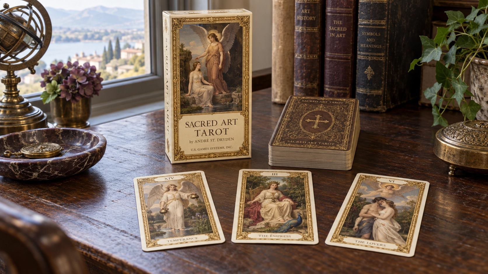 Sacred Art Tarot box, three face-up cards, and a stacked deck showing the ornate card back