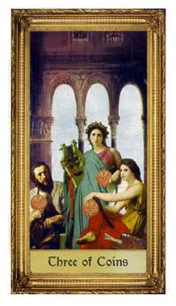 Three of Coins card from the Sacred Art Tarot deck by André St. Dryden