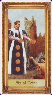 Six of Coins card from the Sacred Art Tarot deck by André St. Dryden