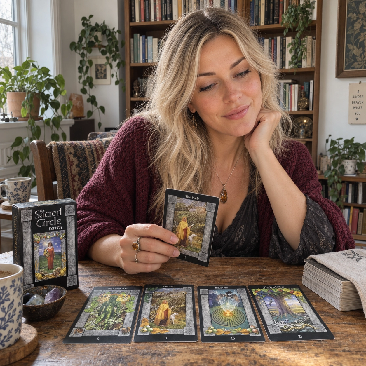 Aurica studying The Web from Sacred Circle Tarot beside the exact deck box, a four-card spread, and the stacked deck