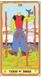 Three of Rods card from the Sakki-Sakki Tarot deck by Monicka Clio Sakki