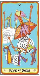 Five of Rods card from the Sakki-Sakki Tarot deck by Monicka Clio Sakki