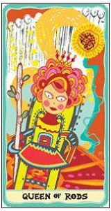 Queen of Rods card from the Sakki-Sakki Tarot deck by Monicka Clio Sakki