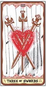 Three of Swords card from the Sakki-Sakki Tarot deck by Monicka Clio Sakki