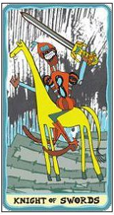 Knight of Swords card from the Sakki-Sakki Tarot deck by Monicka Clio Sakki