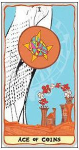 Ace of Coins card from the Sakki-Sakki Tarot deck by Monicka Clio Sakki