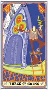 Three of Coins card from the Sakki-Sakki Tarot deck by Monicka Clio Sakki