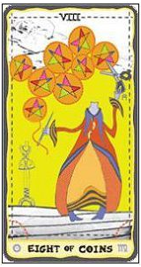 Eight of Coins card from the Sakki-Sakki Tarot deck by Monicka Clio Sakki