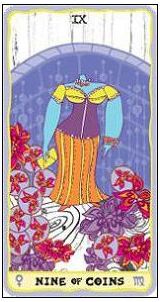 Nine of Coins card from the Sakki-Sakki Tarot deck by Monicka Clio Sakki