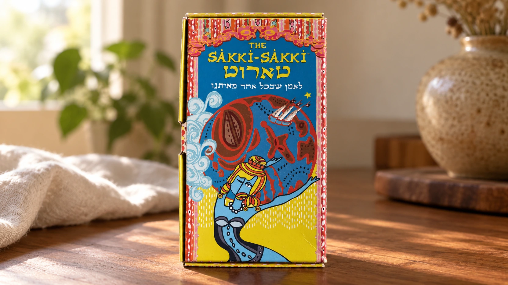 Generated tabletop scene showing the supplied blue-and-yellow Sakki-Sakki Tarot box with Hebrew lettering
