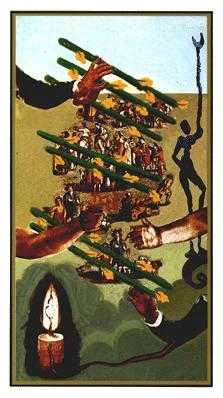 Seven of Wands card from the Salvador Dali Tarot deck