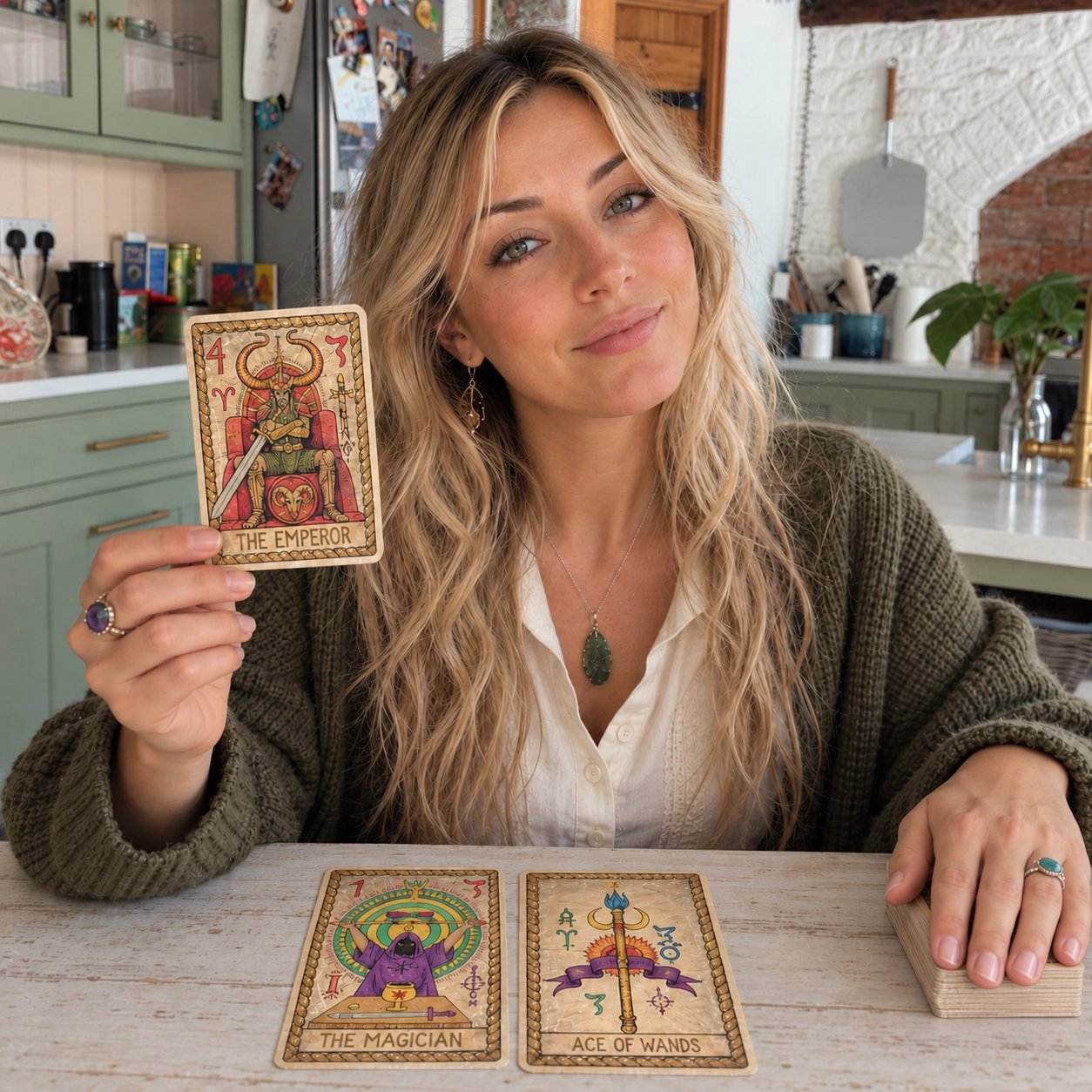 AI-generated editorial scene of Aurica presenting The Emperor from Samiramay Tarot by Vera Petruk, with two face-up cards and a separate stack.