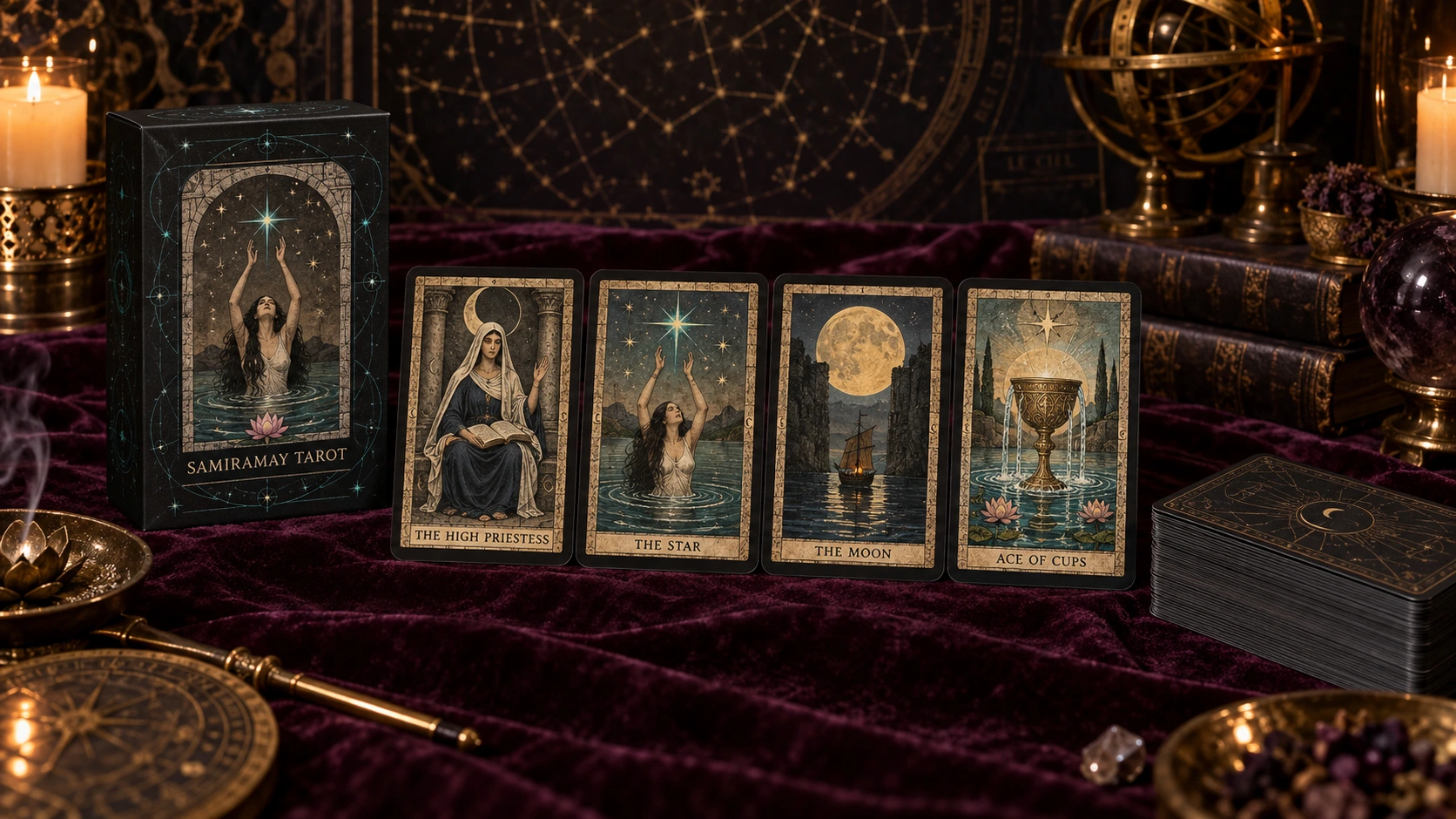 AI-generated Samiramay Tarot-inspired editorial still life; not an official product photograph.