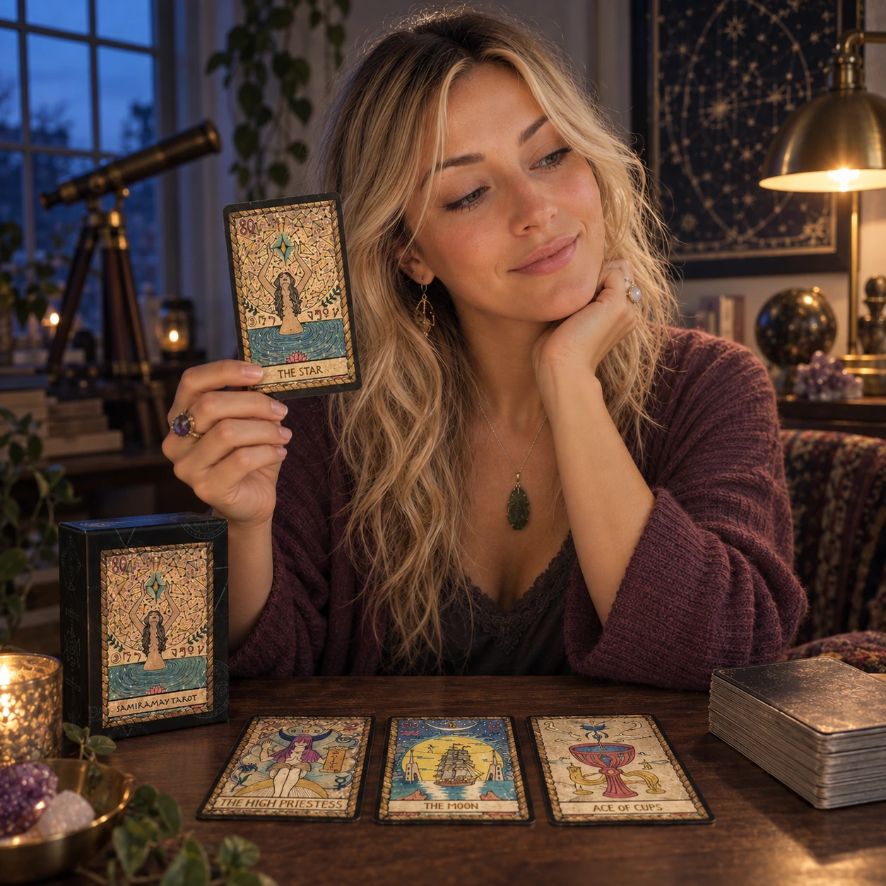 Aurica holding The Star from Samiramay Tarot beside the box, a three-card spread and the remaining deck.