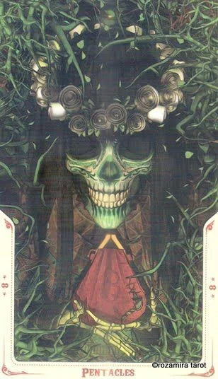 8 of Pentacles card from the Santa Muerte Tarot deck