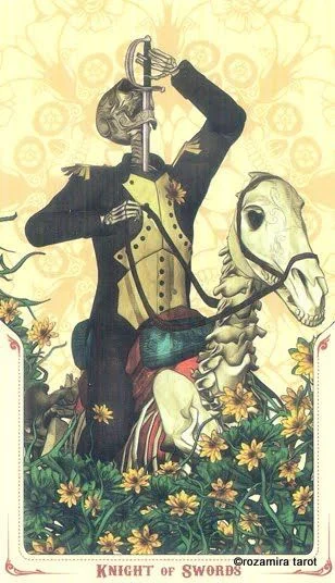 Knight of Swords card from the Santa Muerte Tarot deck