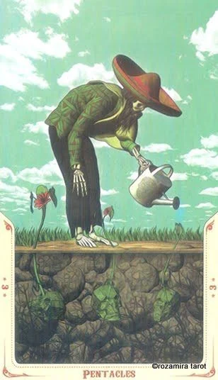 3 of Pentacles card from the Santa Muerte Tarot deck