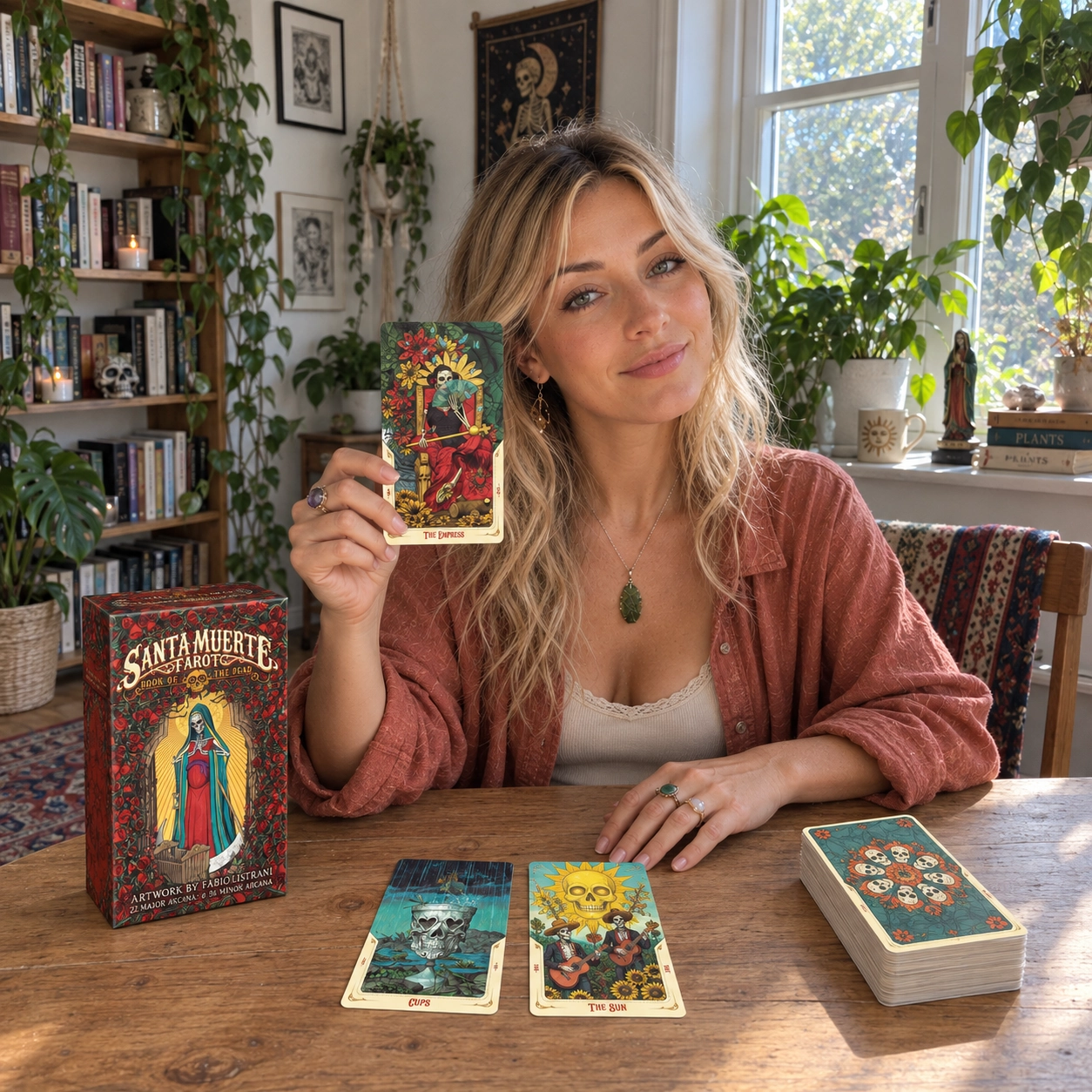 Aurica presenting The Empress from Santa Muerte Tarot beside the box, a two-card spread and a stacked deck
