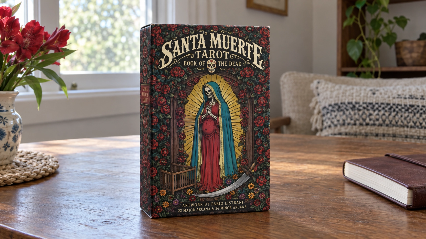 AI-generated editorial scene of the Santa Muerte Tarot Deck by Fabio Listrani on a wooden table