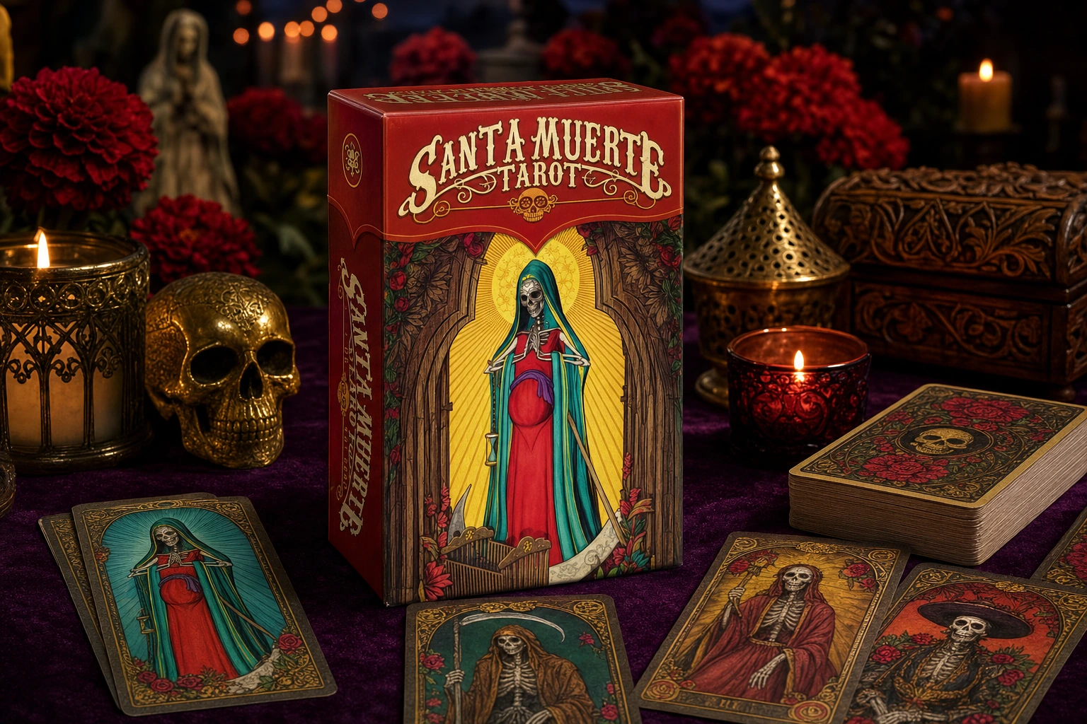 Santa Muerte Tarot GPT Image 2 reference-render product lifestyle image