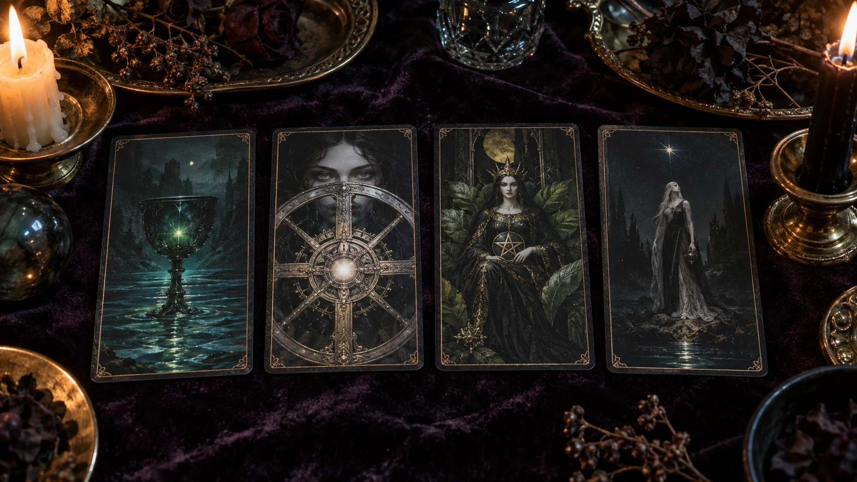 Editorial candlelit arrangement inspired by four visual motifs from the Savage Tarot artwork; not official product packaging.
