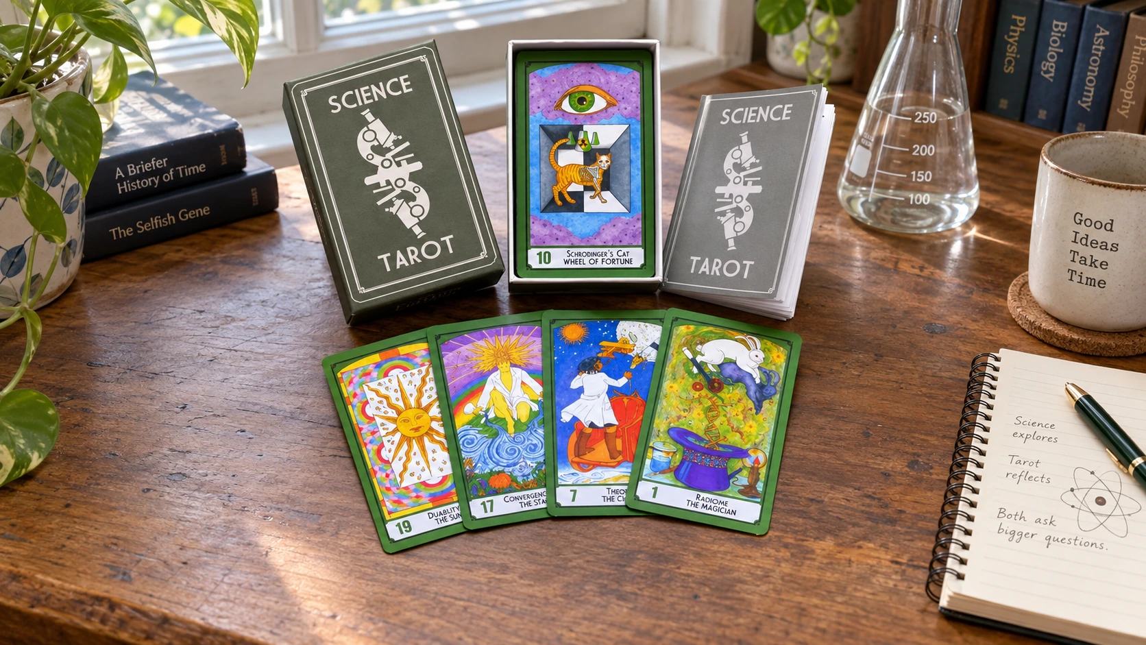 Science Tarot box, booklet and green-bordered cards arranged on a naturally lit study desk